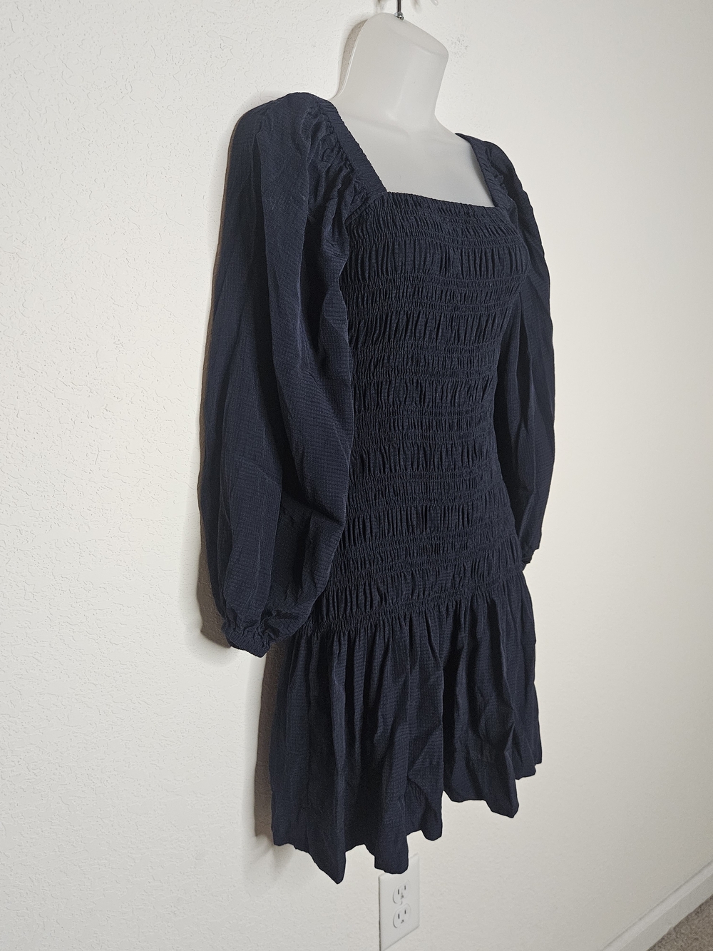 GANNI Ripstop Navy Smocked Mini Dress Puff Peasant Sleeve Square Neck SZ 34 US 4 - Picture 5 of 13